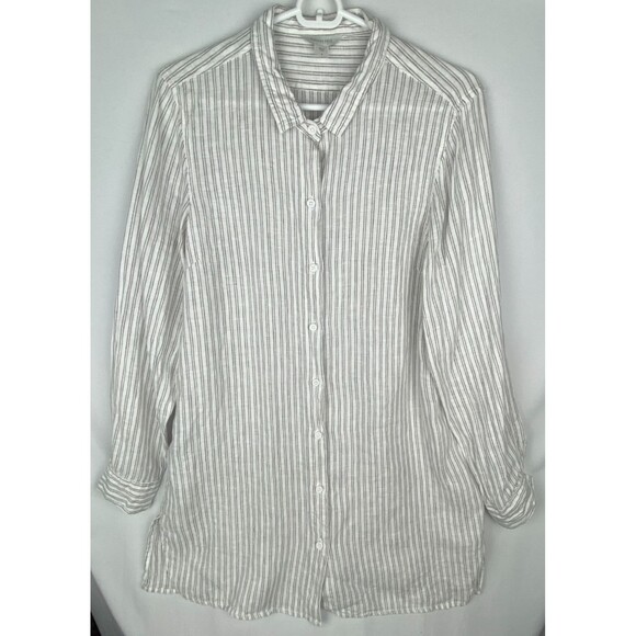 Garnet Hill Easy Linen Tunic Top Womens Small White Gray Stripe Linen Button Up - Picture 1 of 13